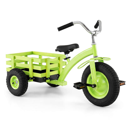 Kids tricycle with 15-inch inflatable rubber tires, sturdy frame, and colorful design for young children to ride safely.