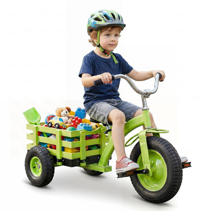 Kids tricycle with 15-inch inflatable rubber tires, durable metal frame, and colorful design for young children.