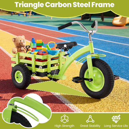 Kids tricycle with 15-inch inflatable rubber tires, featuring a sturdy frame and colorful design for young children.