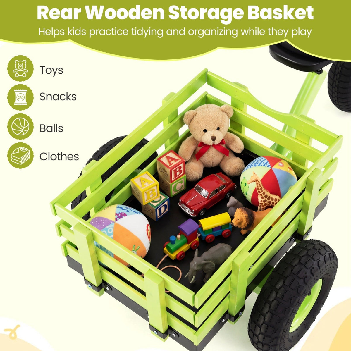 Kids tricycle with 15-inch inflatable rubber tires and a sturdy frame, designed for young children to ride comfortably.