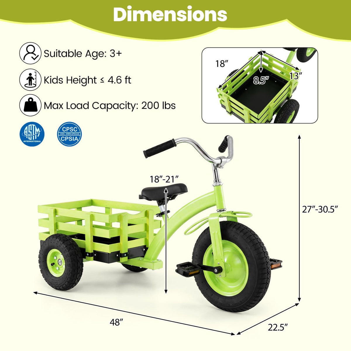 Kids tricycle with 15-inch inflatable rubber tires and sturdy frame, designed for young children to ride and enjoy outdoor play.