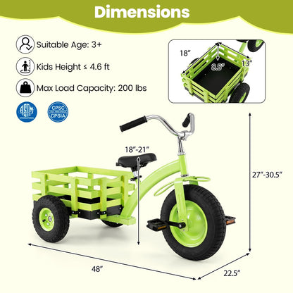Kids tricycle with 15-inch inflatable rubber tires and sturdy frame, designed for young children to ride and enjoy outdoor play.