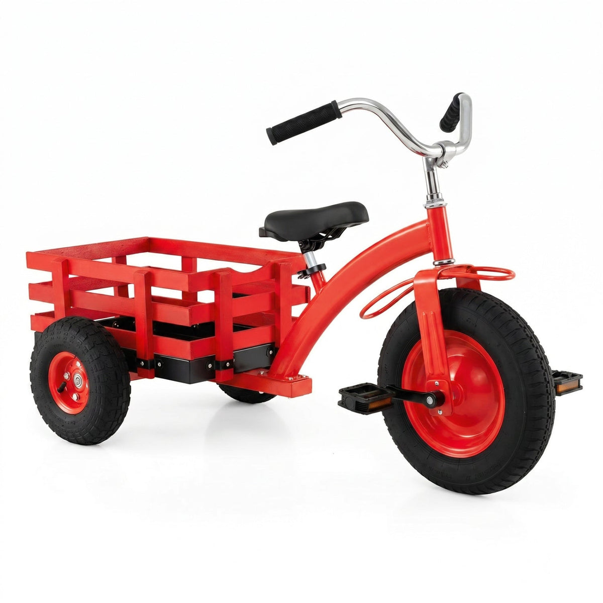 Kids tricycle with 15-inch inflatable rubber tires, sturdy frame, and colorful design for young children.