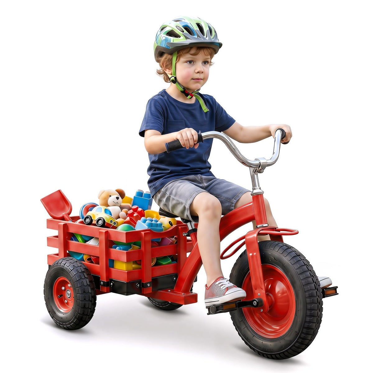 Kids tricycle with 15-inch inflatable rubber tires, featuring a sturdy frame and colorful design for outdoor riding fun.