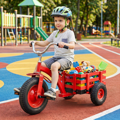 Kids tricycle with 15-inch inflatable rubber tires, colorful frame, and comfortable seat for young children.