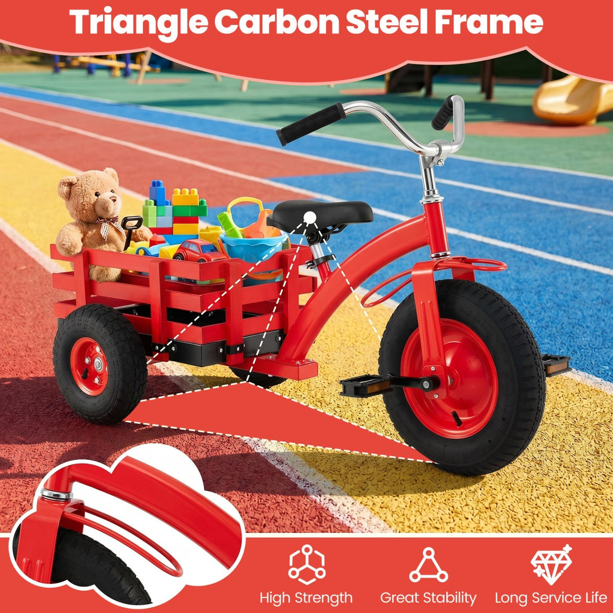Kids tricycle by GBruno Store with 15-inch inflatable rubber tires, colorful frame, and sturdy handlebars for young children.