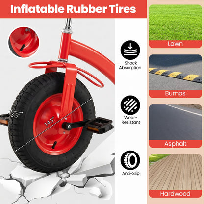 Kids tricycle with 15-inch inflatable rubber tires, featuring a sturdy frame and colorful design for young children.