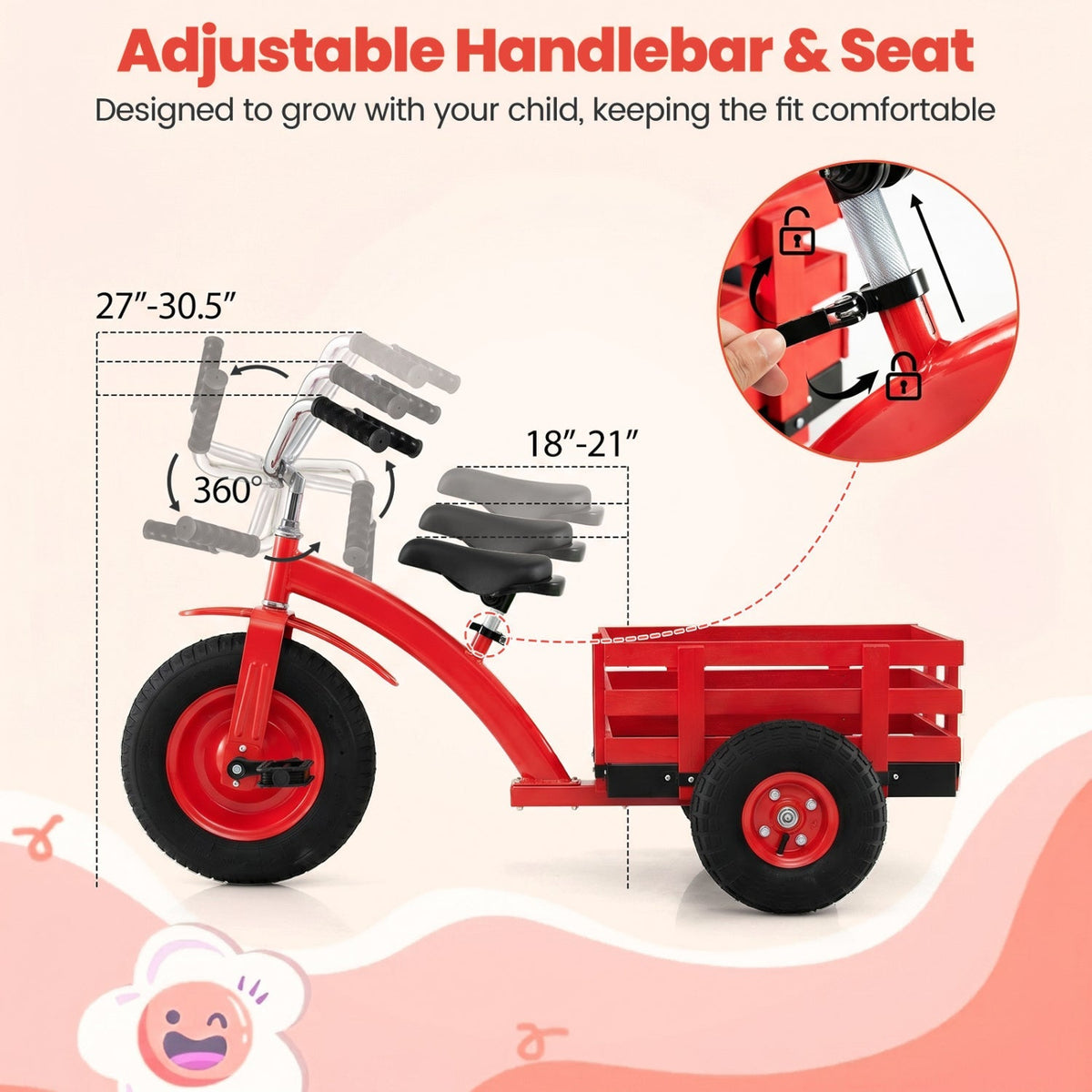 Kids tricycle with 15-inch inflatable rubber tires, featuring a sturdy frame and colorful design for outdoor play.