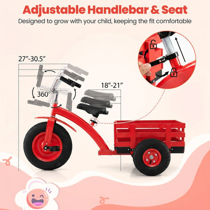 Kids tricycle with 15-inch inflatable rubber tires, featuring a sturdy frame and colorful design for outdoor play.
