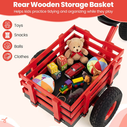 Kids tricycle with 15-inch inflatable rubber tires, colorful metal frame, and comfortable seat for young children.