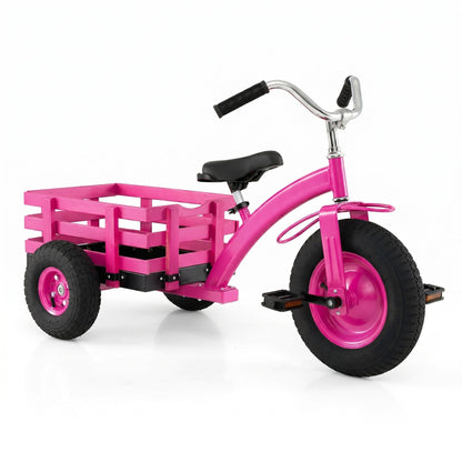 Kids tricycle with 15-inch inflatable rubber tires, featuring a sturdy frame and colorful design for young children.