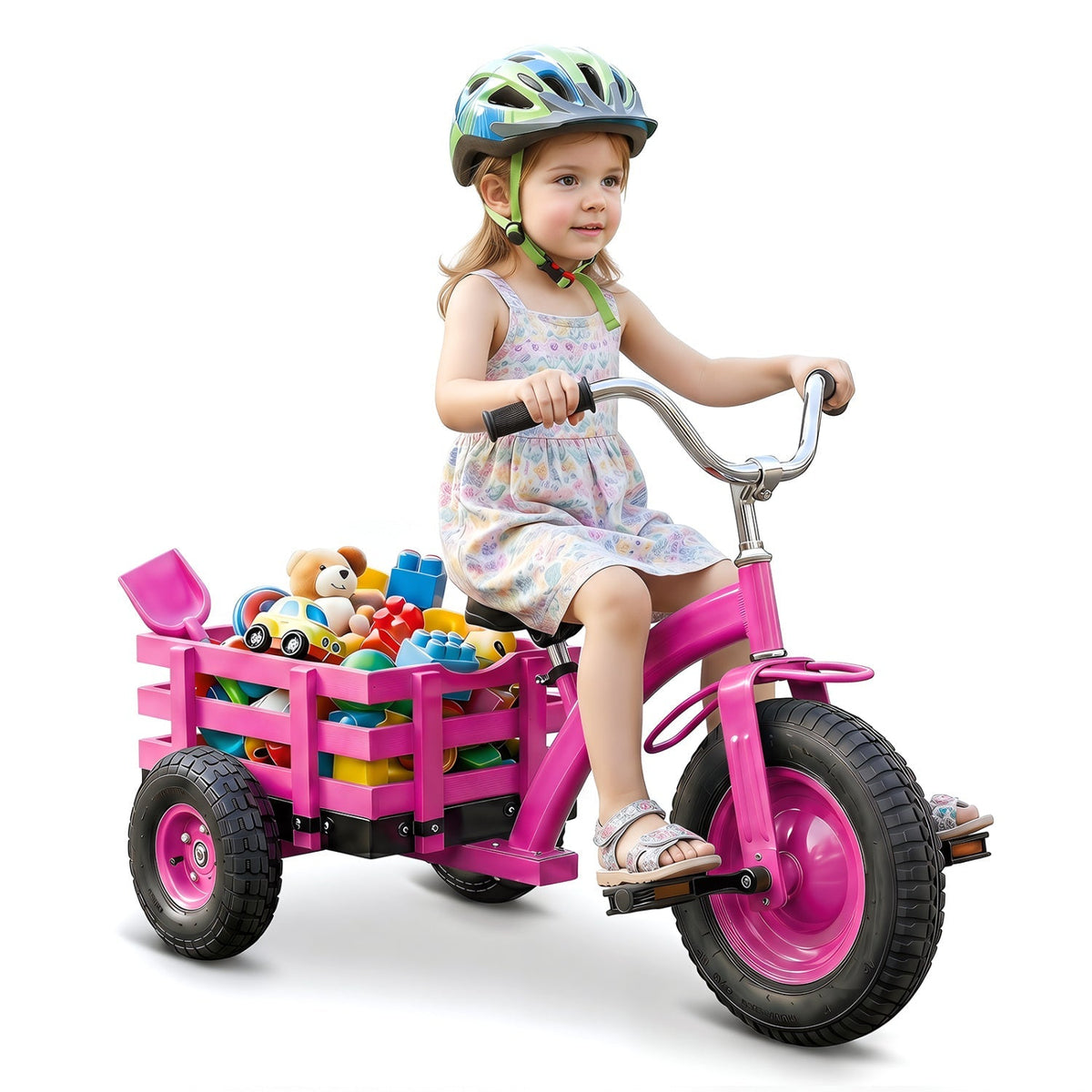 Kids tricycle with 15-inch inflatable rubber tires, colorful frame, and safety handlebars designed for young children.