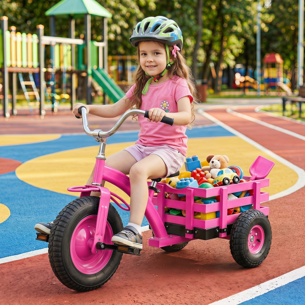 Kids tricycle with 15-inch inflatable rubber tires, colorful frame, and sturdy handlebar for young children to ride comfortably.