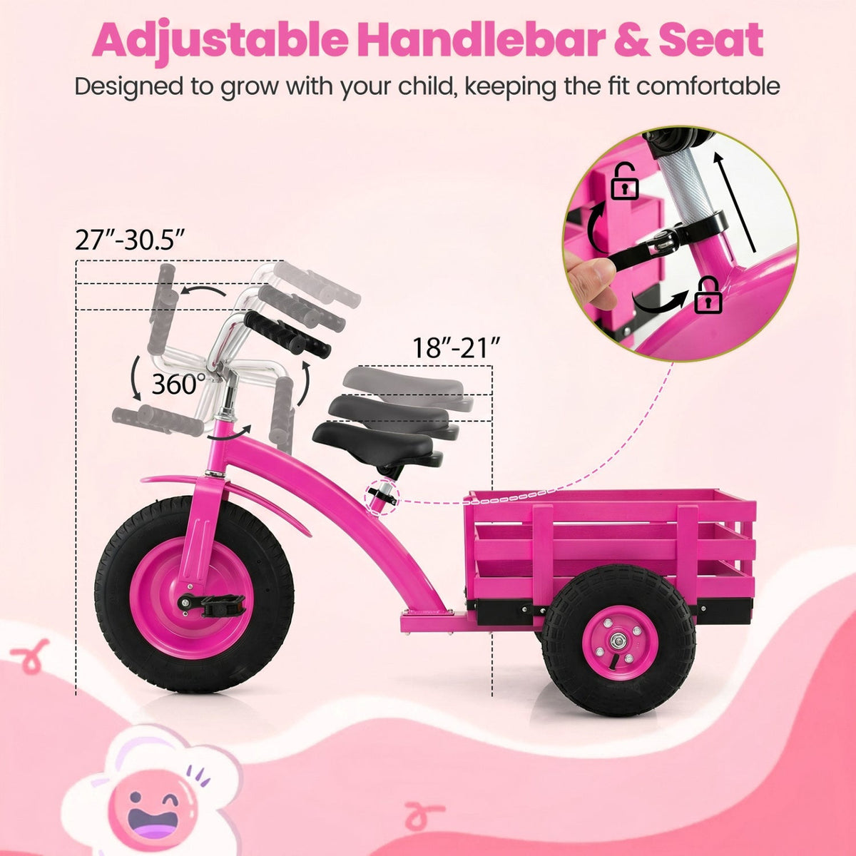 Kids tricycle from GBruno Store with 15-inch inflatable rubber tires, colorful frame, and sturdy pedals for young children.