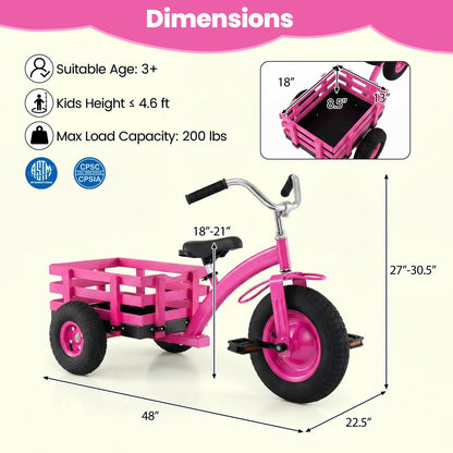 Kids tricycle with 15-inch inflatable rubber tires, colorful frame, and comfortable seat for young children.