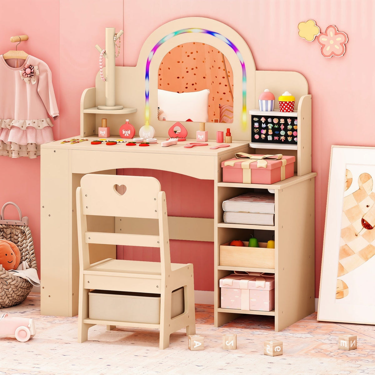 Kids vanity set with LED mirror, natural finish, includes a chair, designed for children for pretend play and grooming.