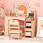 Kids vanity set with LED mirror, natural finish, includes a chair, designed for children for pretend play and grooming.