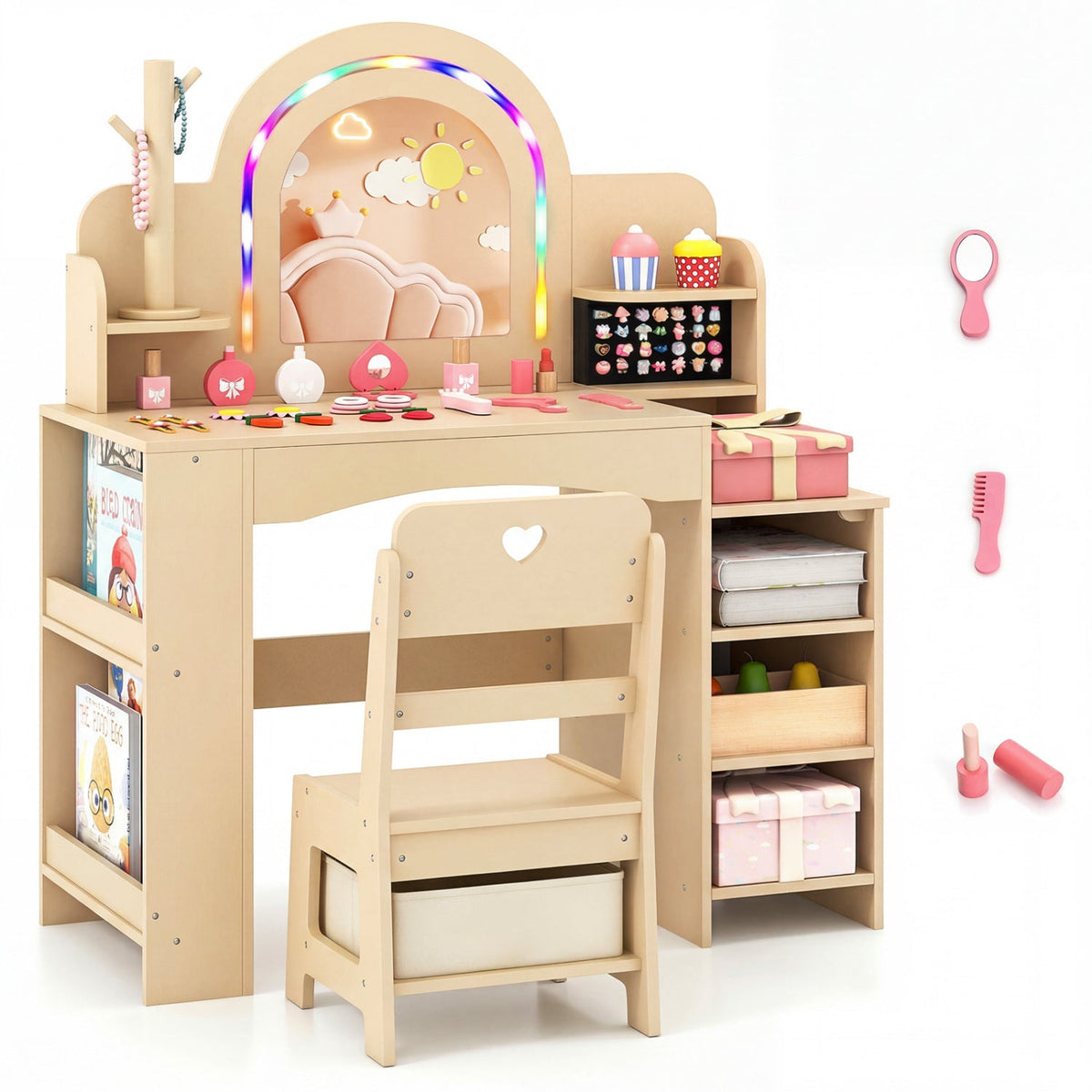 Kids vanity set with LED mirror, natural finish, including a chair and storage, designed for kids' grooming and play.