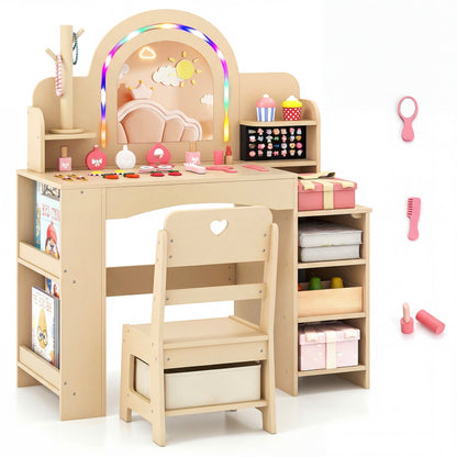 Kids vanity set with LED mirror, natural finish, including a chair and storage, designed for kids' grooming and play.