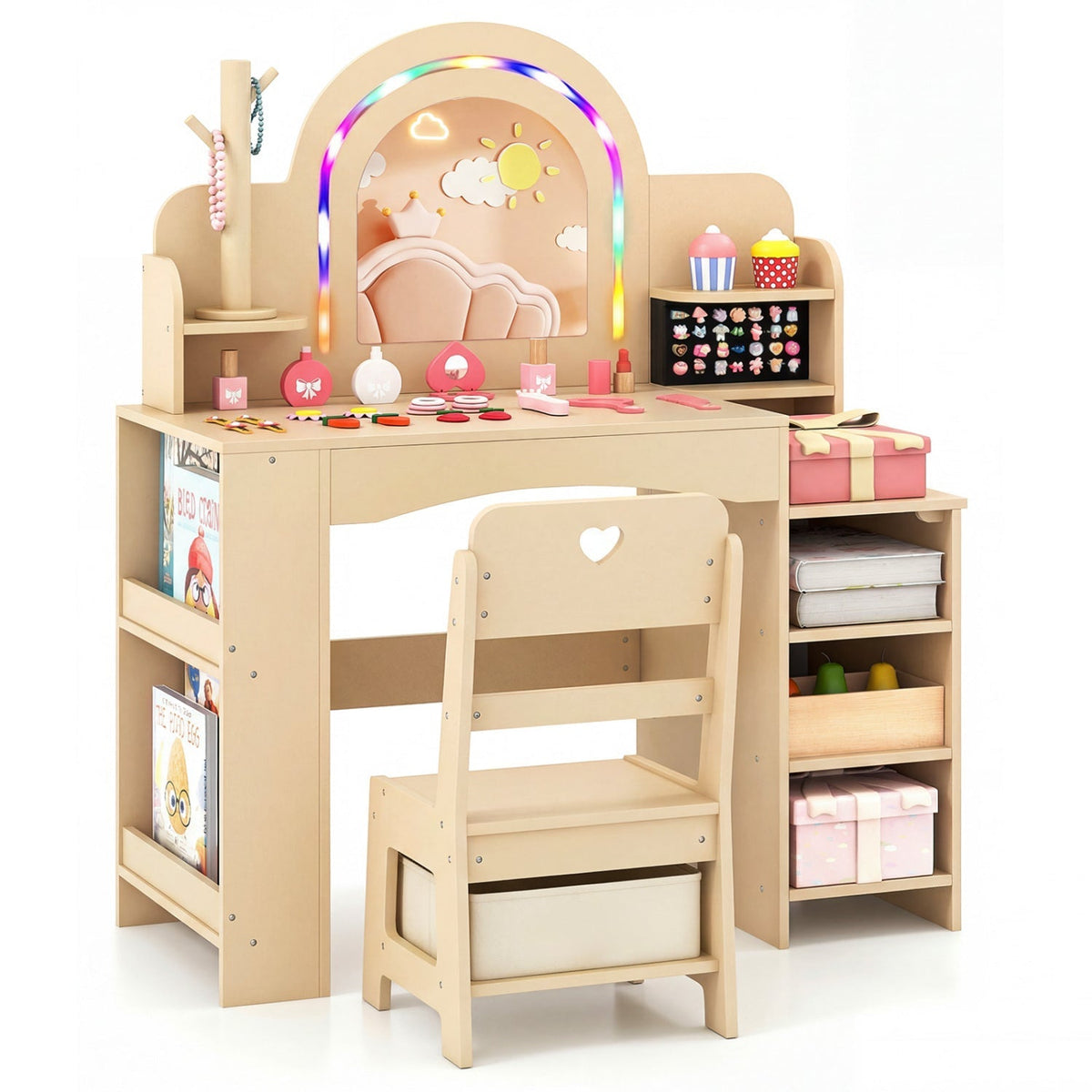 Kids vanity set with LED mirror and chair, natural finish, featuring a small mirror, drawers, and a cozy seating area.