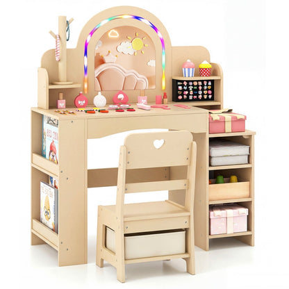 Kids vanity set with LED mirror and chair, natural finish, featuring a small mirror, drawers, and a cozy seating area.