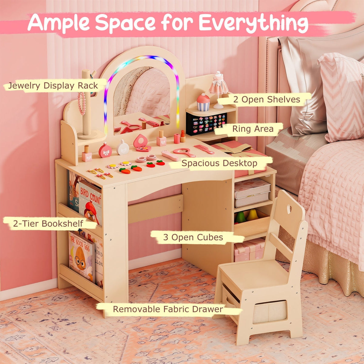 Kids vanity set with LED mirror and chair, natural finish, featuring a compact design ideal for children's play and grooming.