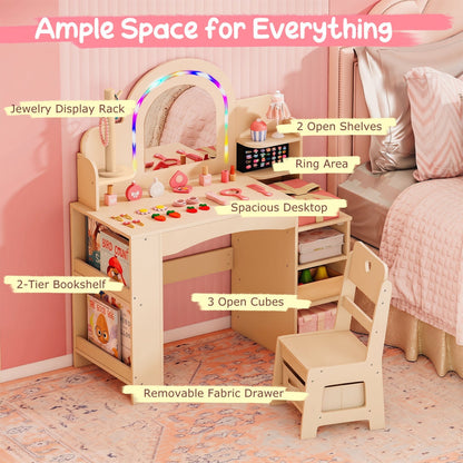 Kids vanity set with LED mirror and chair, natural finish, featuring a compact design ideal for children's play and grooming.