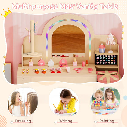 Kids vanity set with LED mirror and chair, featuring a natural wood finish, designed for children by GBruno Store