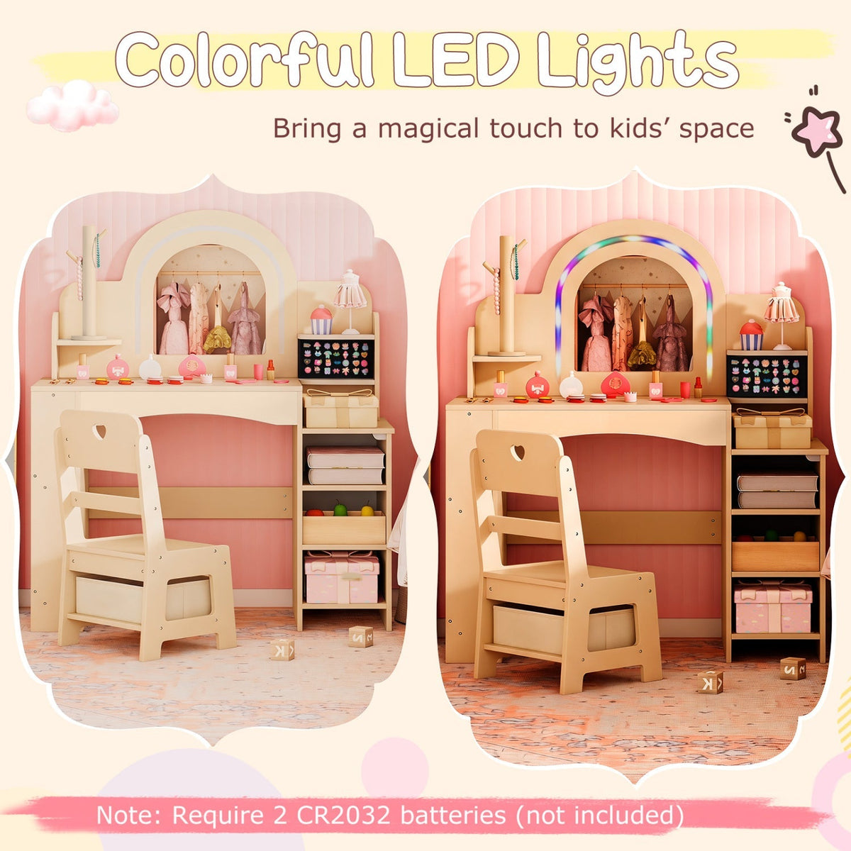 Kids vanity set with LED mirror and chair, natural finish, featuring a small mirror and matching stool for children.