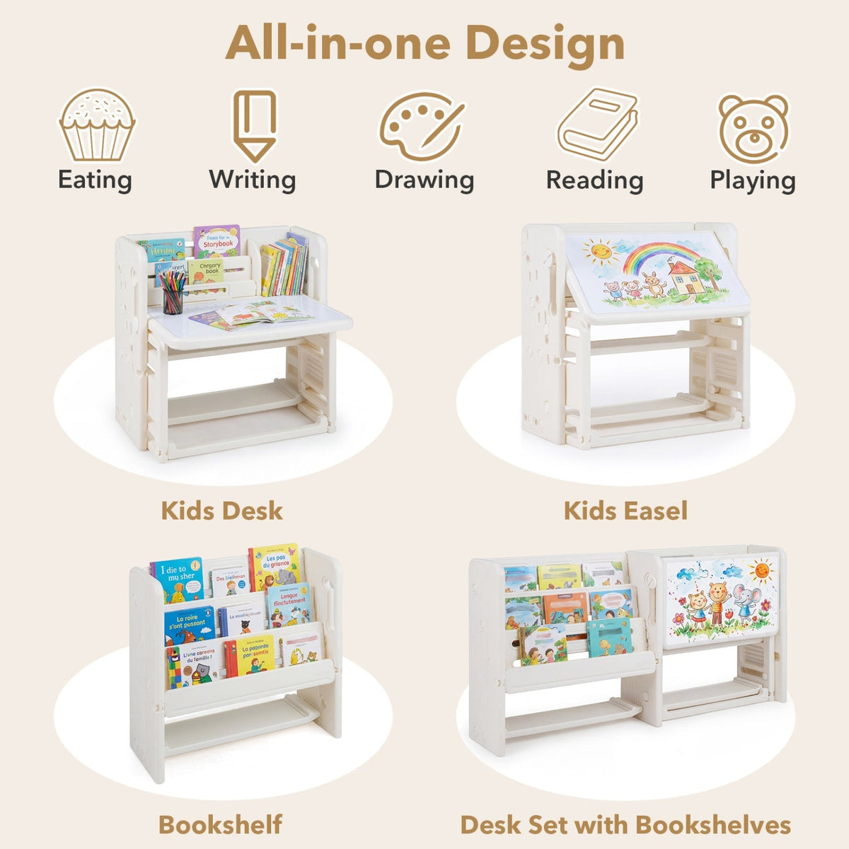 Kids furniture set with a wooden writing desk, chair, and side bookshelves, ideal for children's study and play areas.
