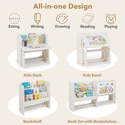 Kids furniture set with a wooden writing desk, chair, and side bookshelves, ideal for children's study and play areas.