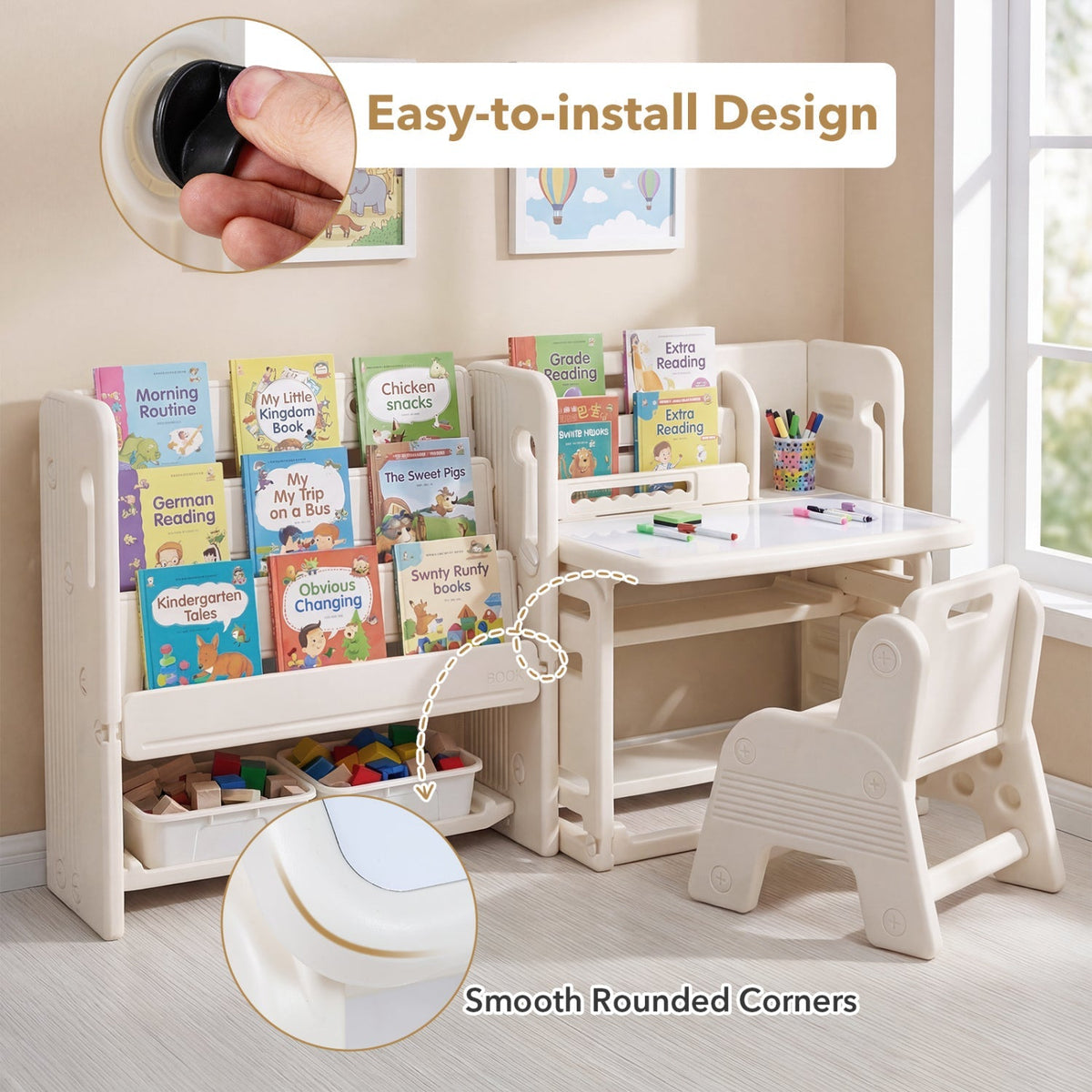 Kids furniture set with a writing desk, chair, and side bookshelves, featuring a cheerful design for children.