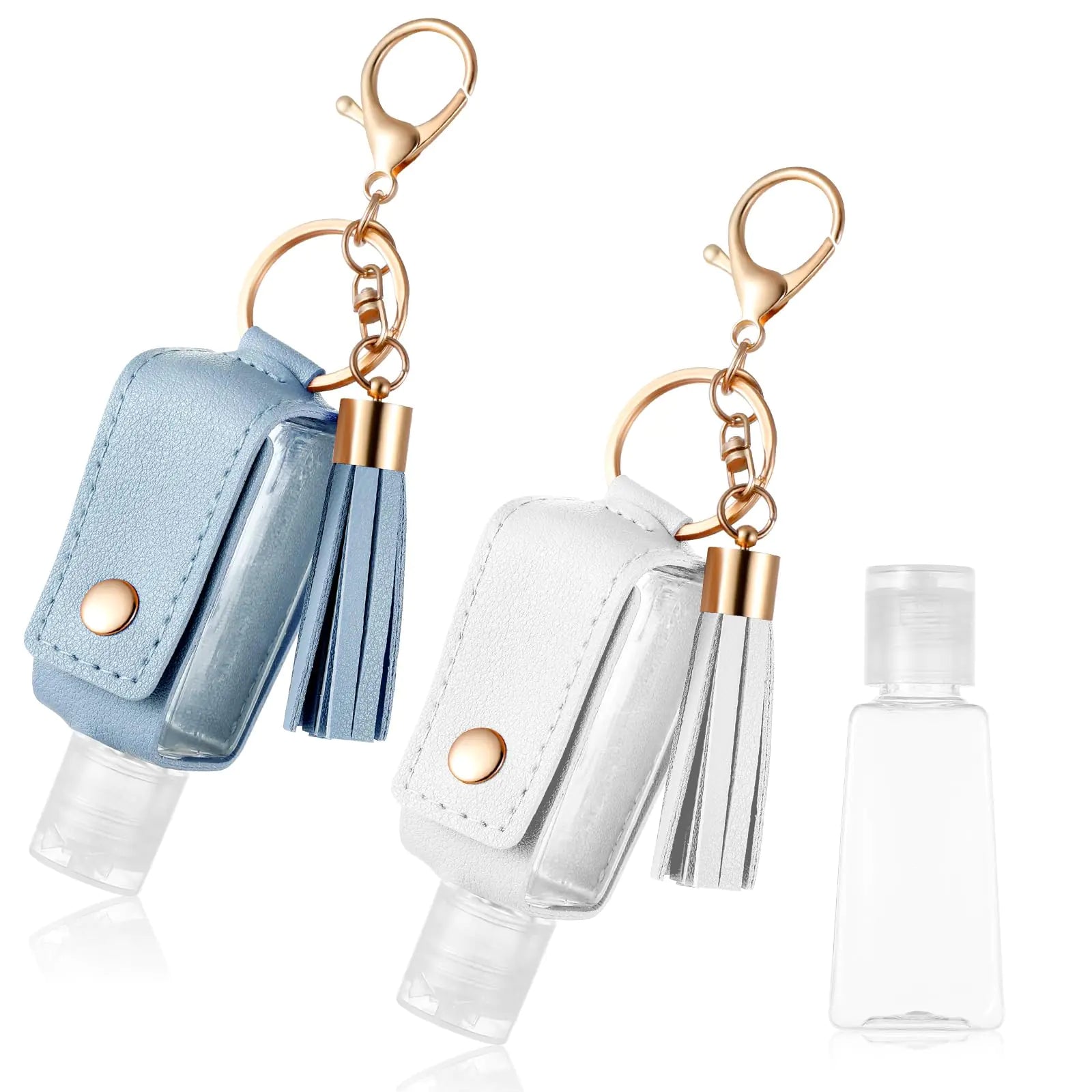 PEOVLVN 2Pcs Hand Sanitizer Keychain 30ml Portable Leather Hand Sanitizer Holder Travel Size Keychain Hand Sanitizer Case Refillable Bottle for Toiletry Lotion Liquid Soap Shampoo (Blue White)