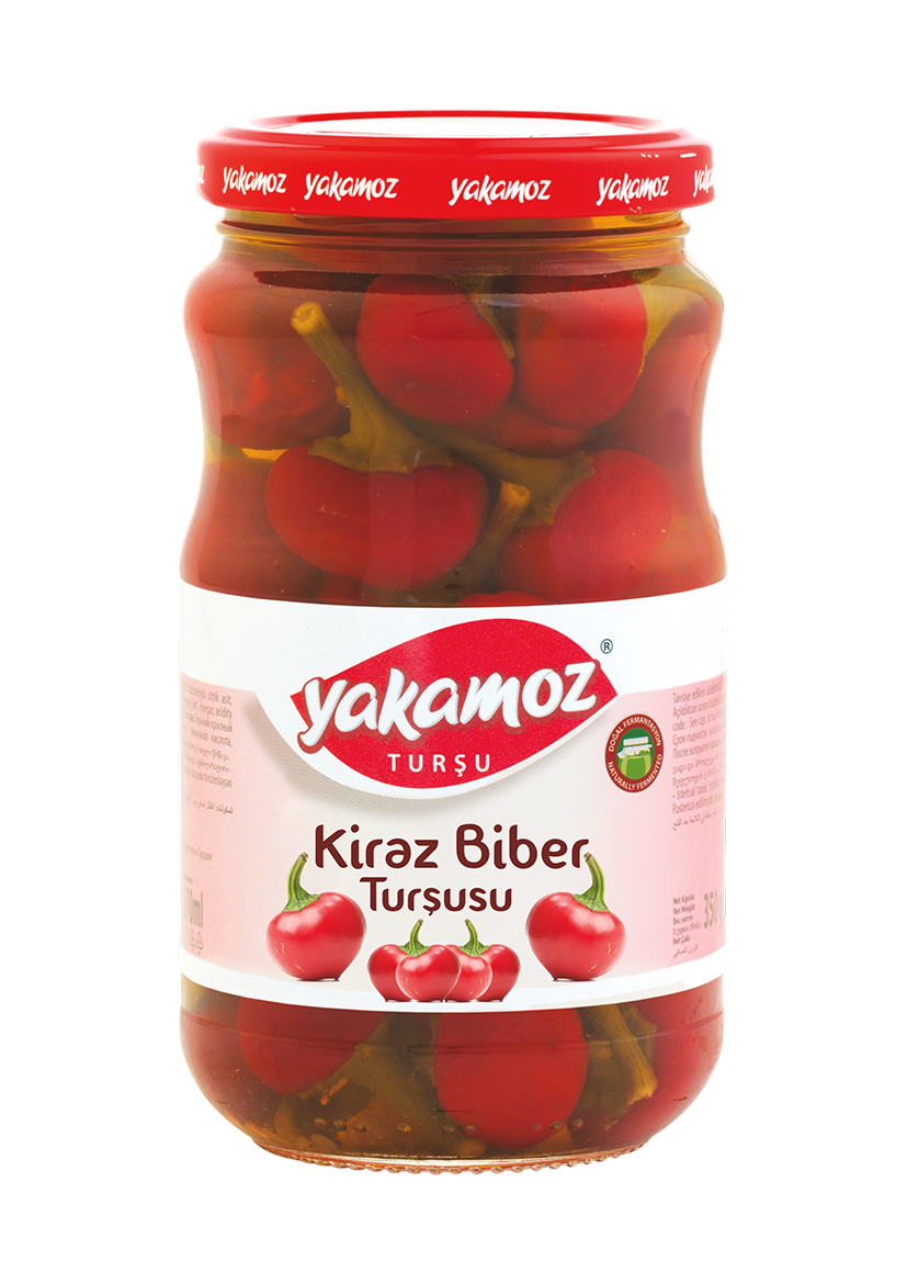 S101 Yakamoz Red Cherry Pepper pickles in a glass jar, showcasing vibrant red peppers and the jar label.