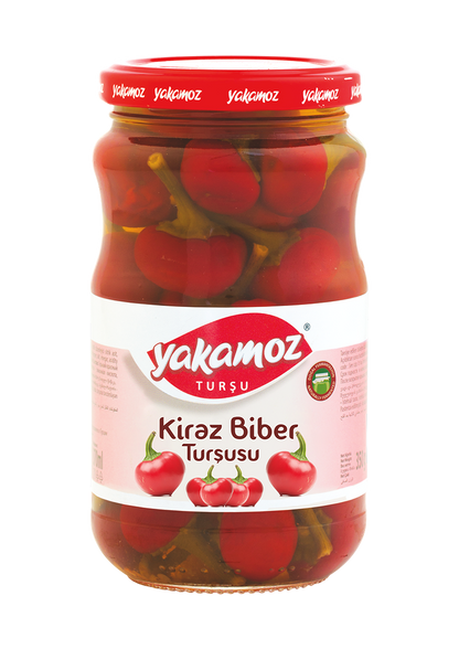 S101 Yakamoz Red Cherry Pepper pickles in a glass jar, showcasing vibrant red peppers and the jar label.
