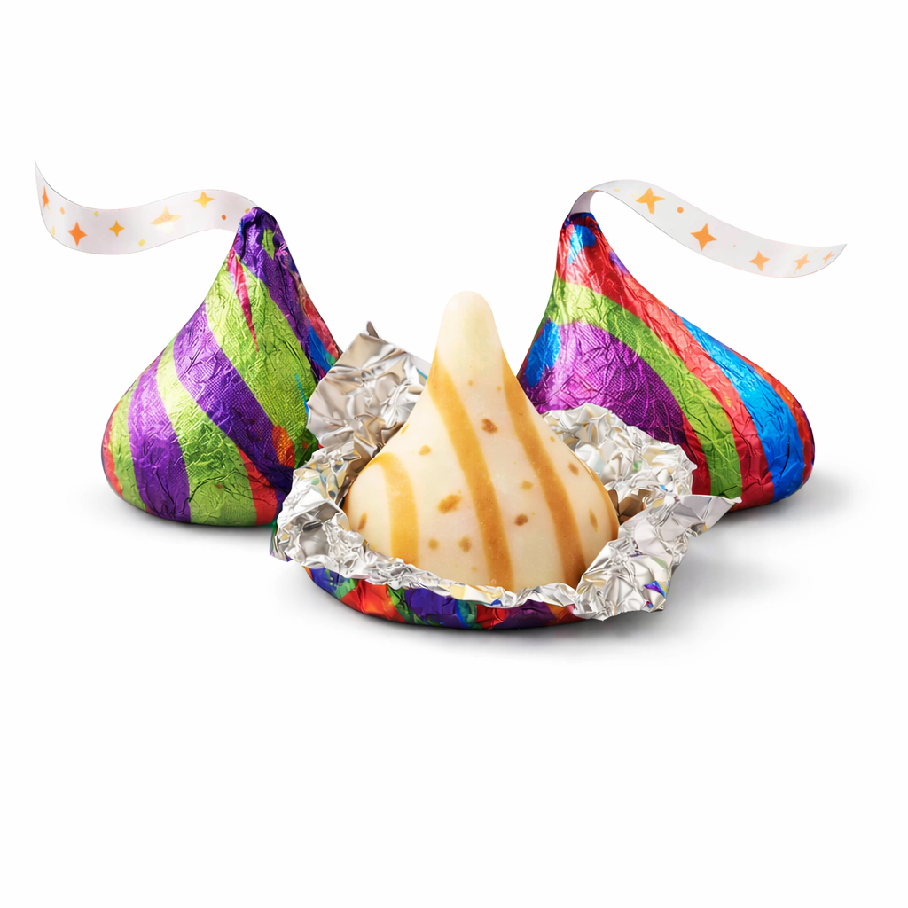 Hershey's Kisses Cinnamon Toast Crunch flavored chocolate candies in a bulk value bag, showing shiny wrapped kisses with cinnamon toast crunch flavor.