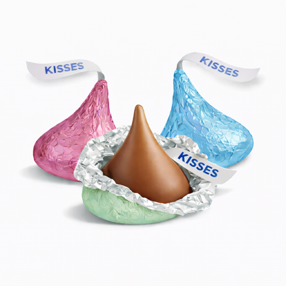 Assorted Hershey's Kisses Milk Chocolate Easter foils in a bulk value bag, featuring individual chocolates wrapped in colorful foils.