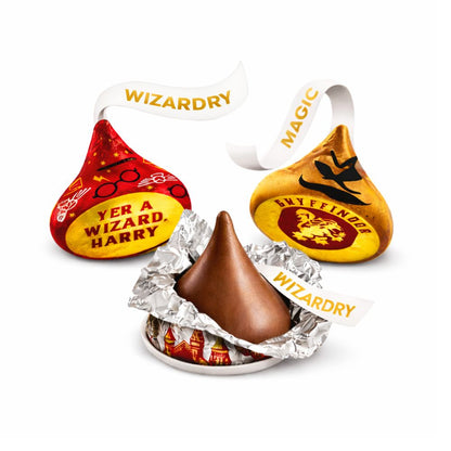 Hershey's Kisses Milk Chocolate with Harry Potter foil wrappers in a bulk Candy In Bulk bag, featuring iconic Harry Potter designs.