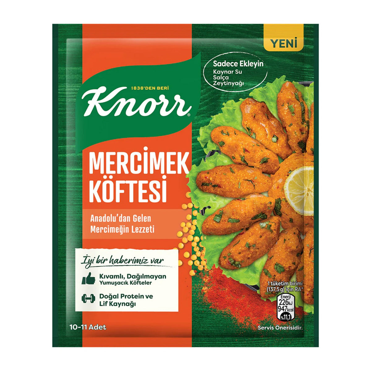 S101 Knorr Mercimek Kofte 100g pantry product with seasoned lentil and bulgur mixture in a clear package.