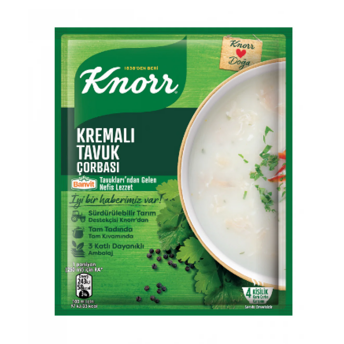 Creamy Chicken soup packet by S101, 65g, featuring a bowl of rich, smooth chicken-flavored soup with herbs and spices.