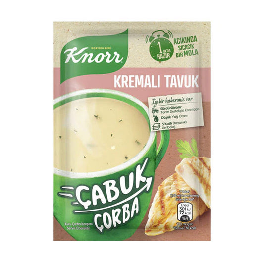 Creamy chicken soup by S101, Knorr Kremali Tavuk flavor, served in a bowl with garnishes, ready to enjoy.