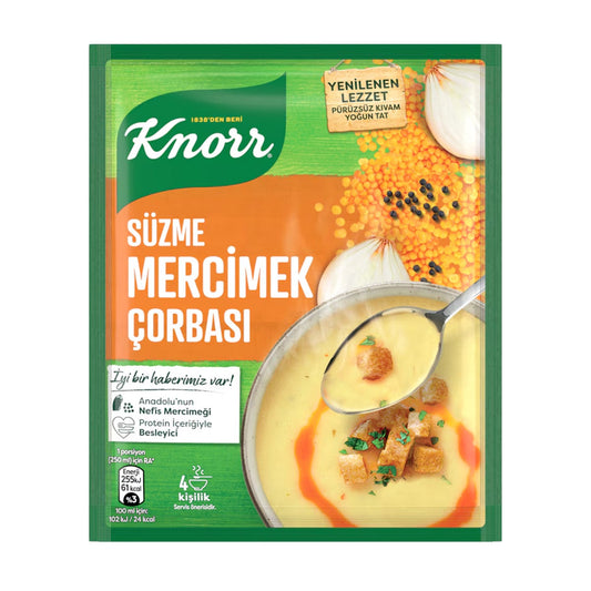 Knorr Red Lentil Soup packet by S101, 76g, featuring vibrant packaging and a bowl of prepared red lentil soup with herbs.