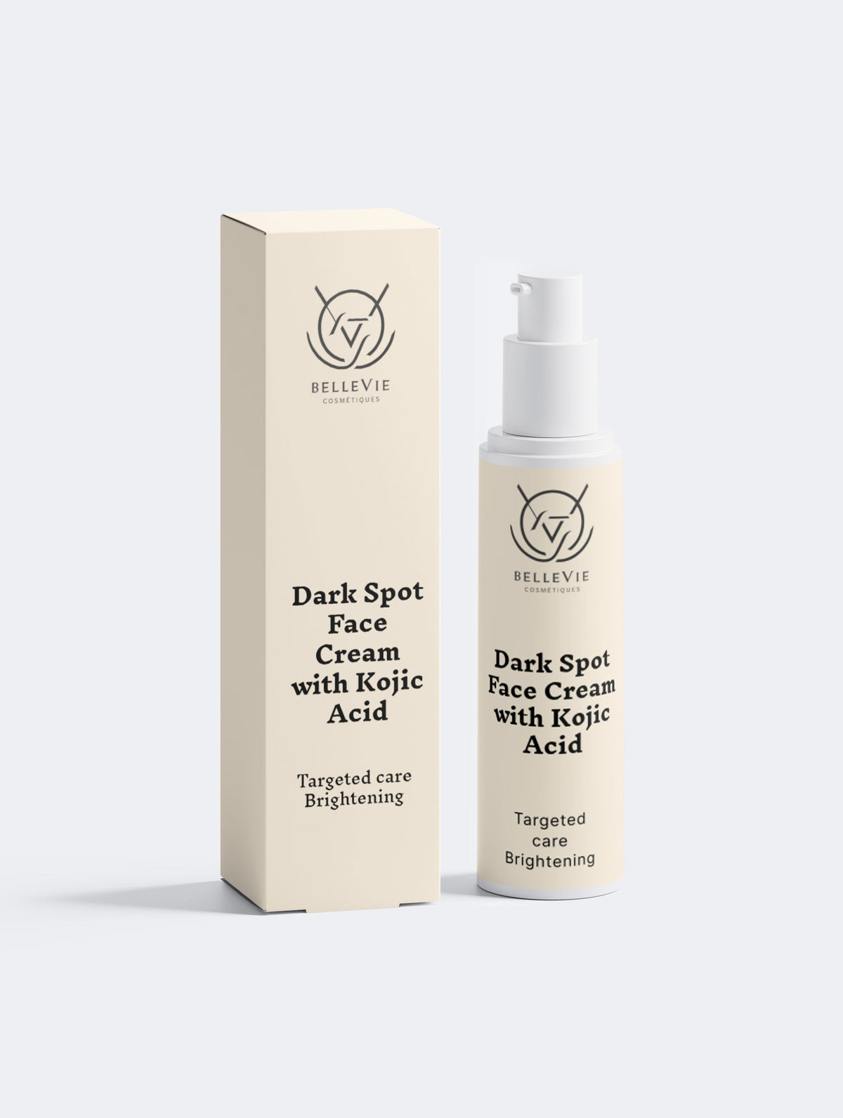 Dark spot face cream with kojic acid by BelleVie Cosmétiques, showing the 50ml jar and smooth cream texture for brightening skin.