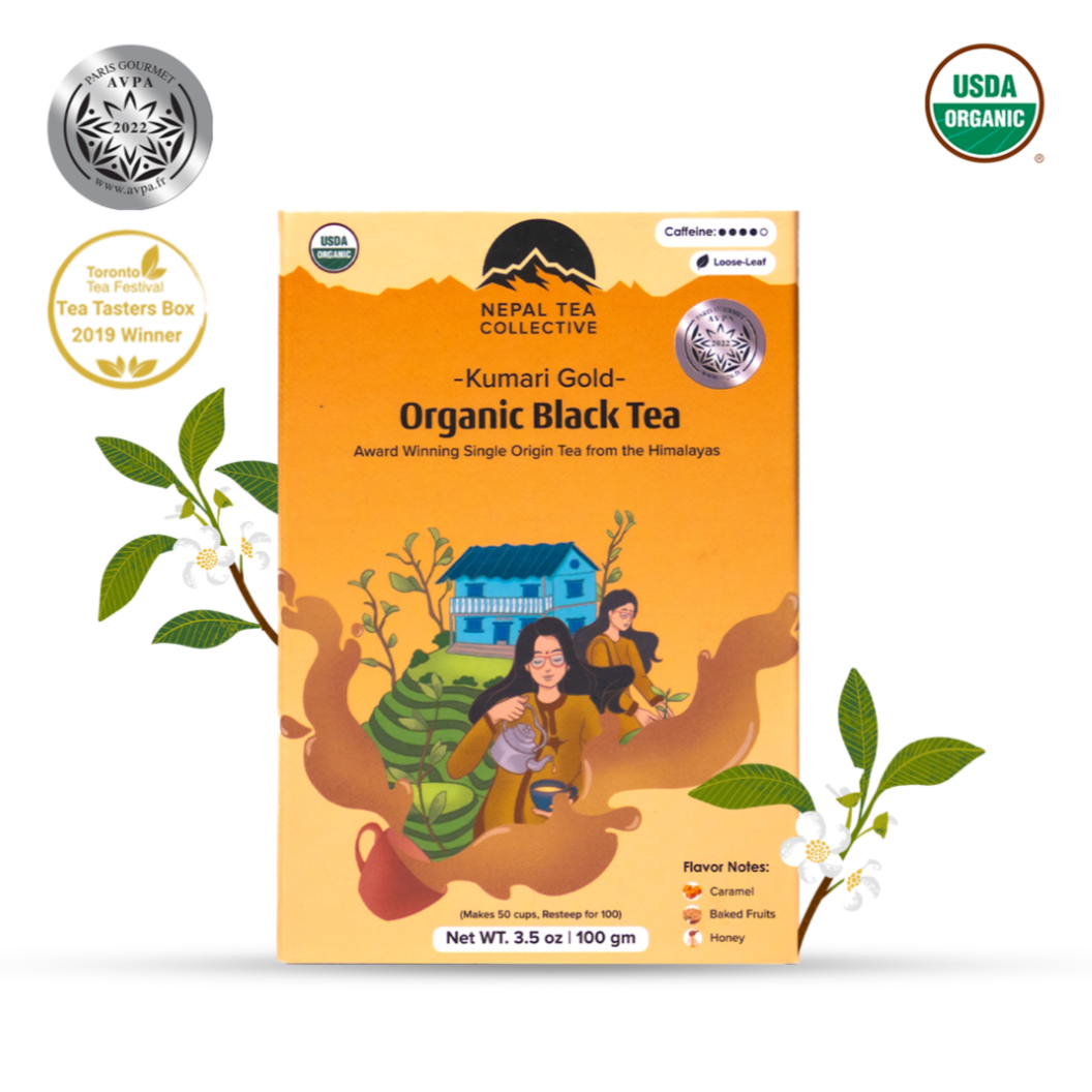 Organic Kumari Gold tea from Nepal Tea, featuring a vibrant tea blend in a colorful package, highlighting premium quality.
