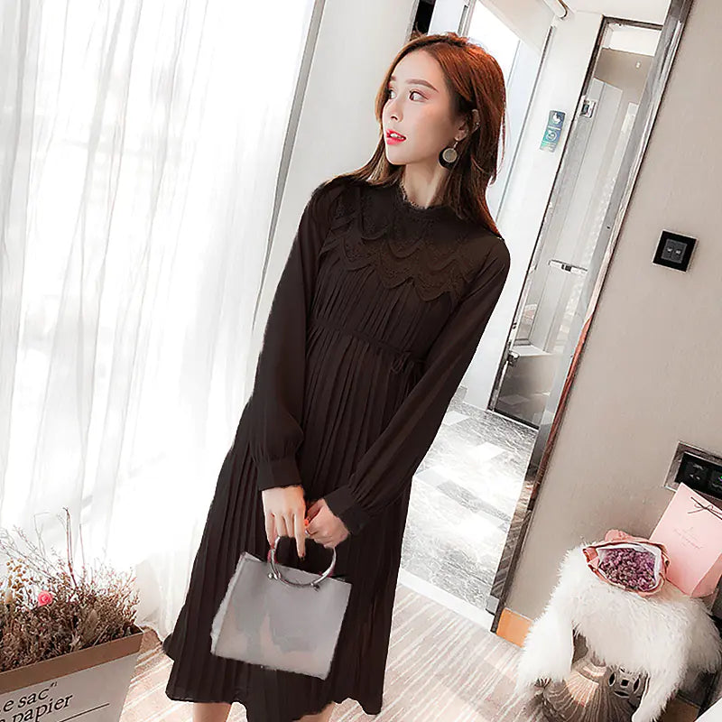 Chic Maternity Dress - Long Sleeve Pleated Chiffon