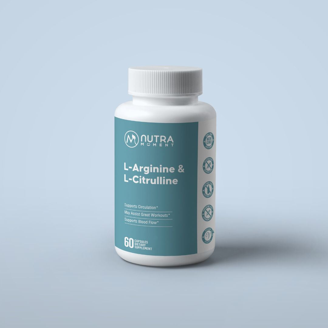 Bottle of Nutra Moment L-Arginine and L-Citrulline supplement for health and beauty, with the product label visible.