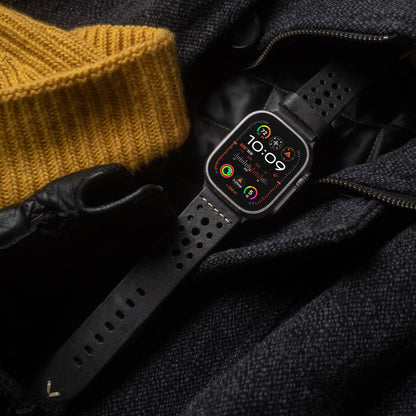 Robust Racing Leather Strap featuring detailed stitching and sleek black leather, designed for durable watch or accessory use.