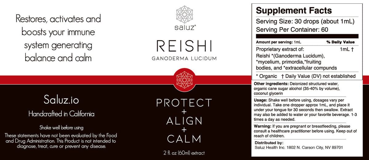 Reishi mushroom tincture bottle label from Saluz.io, 2 oz. Calm and relax supplement in natural vitamin and supplement form.
