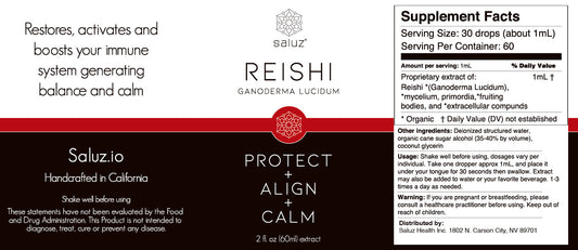 Reishi mushroom tincture bottle label from Saluz.io, 2 oz. Calm and relax supplement in natural vitamin and supplement form.