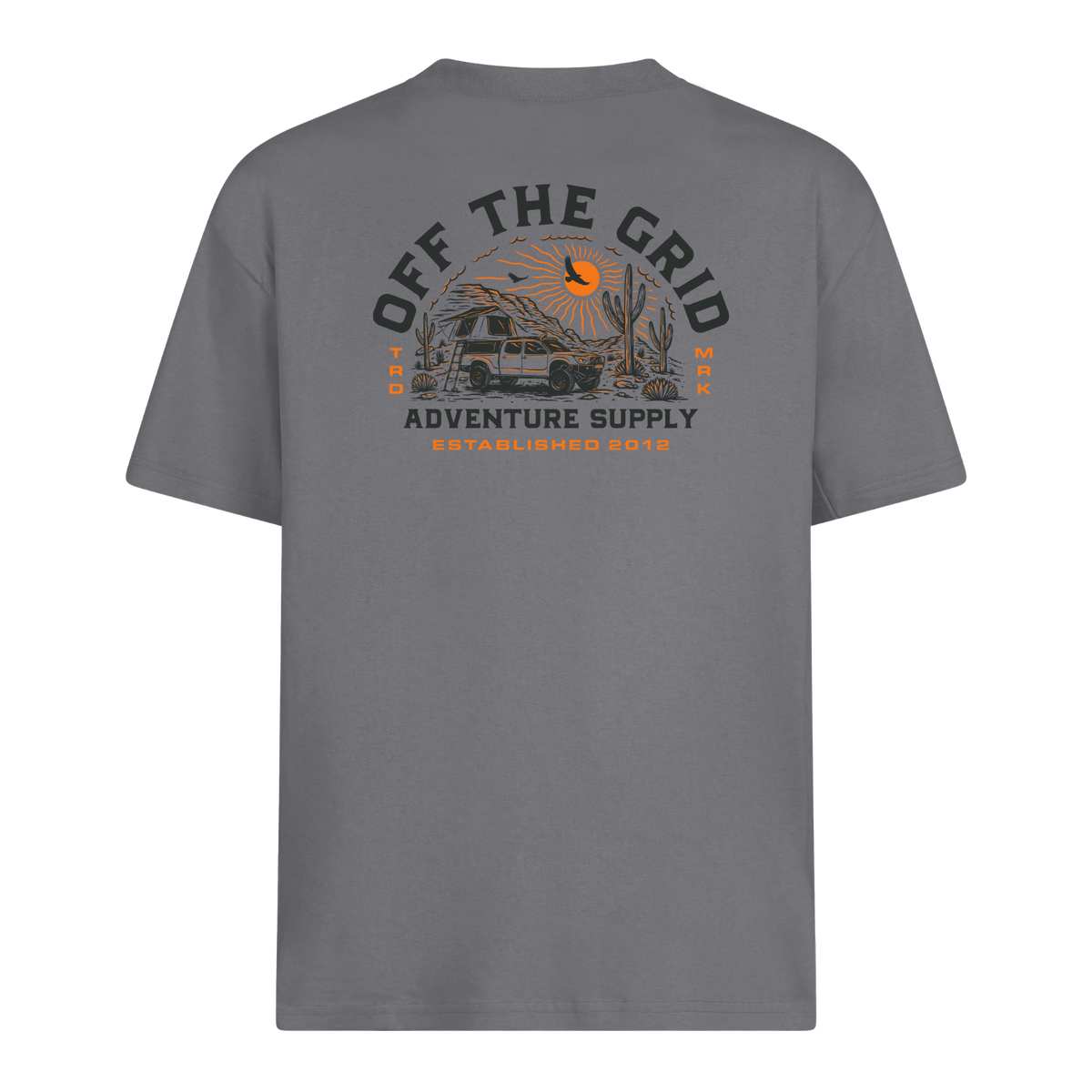 Gray Off The Grid Surplus Lander T-Shirt with black logo and crew neck design.